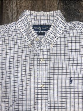 Polo Ralph Lauren Men's White & Blue Plaid Blake 100-% Cotton Button-Down Medium